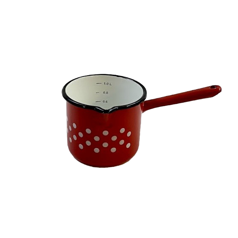 Kanne mit Griff emailliert weiß rot weiße Punkte 1L